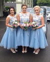 Tea Length Short Bridesmaid Dresses Blue and White Lace Women Wedding Party Gown