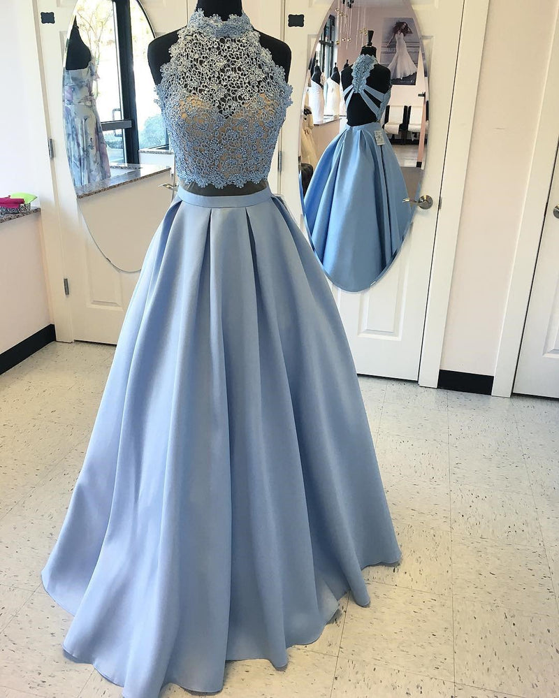 Pink Halter Two Pieces Prom Dress Girls Long Party Formal Gown