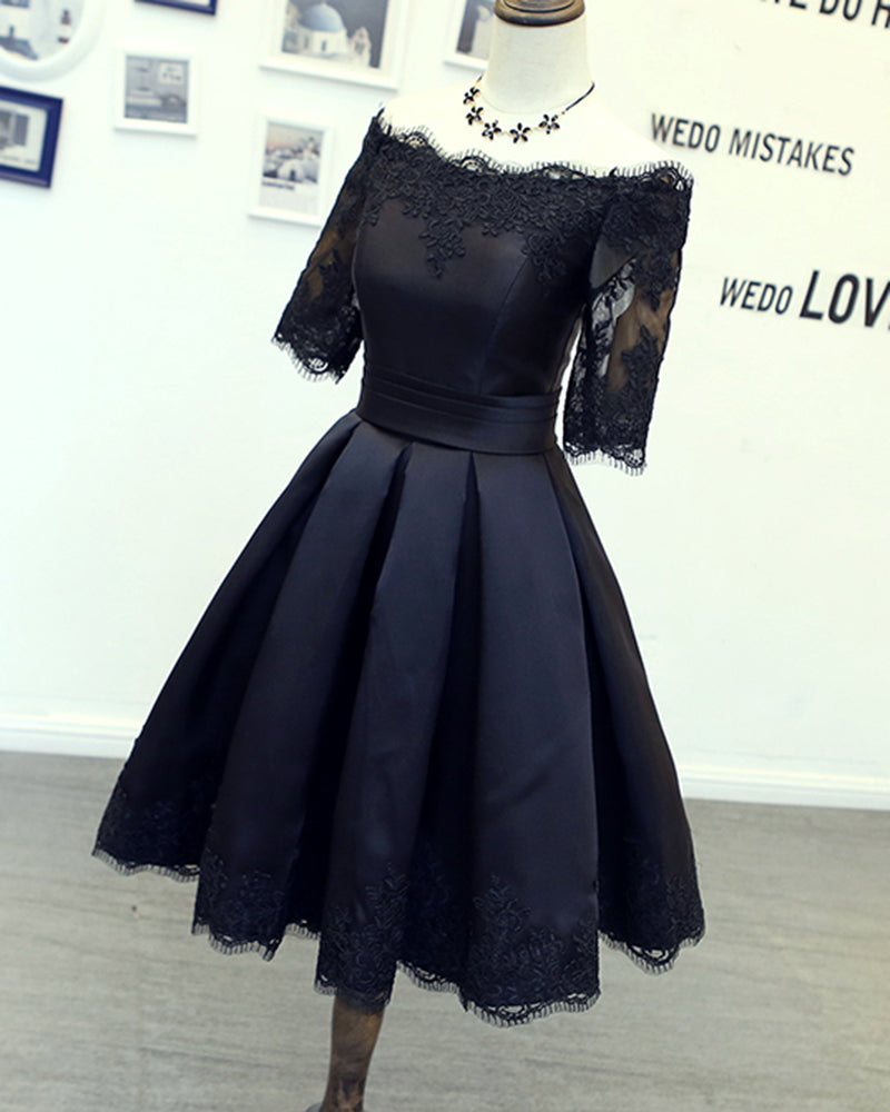 Dark Navy Homecoming Dresses Short Lace Appliqes Girls 8th Grade Graduation Dress with Sleeves
