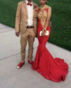 Gorgeous Gold Lace Red Mermaid African Girls Prom Dress Fishtail Vestido De Festa