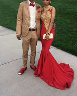 Gorgeous Gold Lace Red Mermaid African Girls Prom Dress Fishtail Vestido De Festa