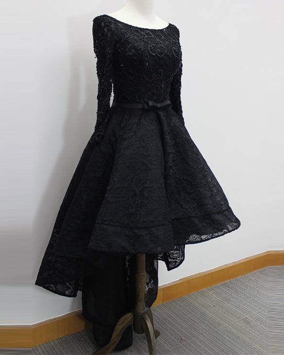 Black High Low Luxury Beading Prom Party Gown Evening Dresses with Long Sleeves