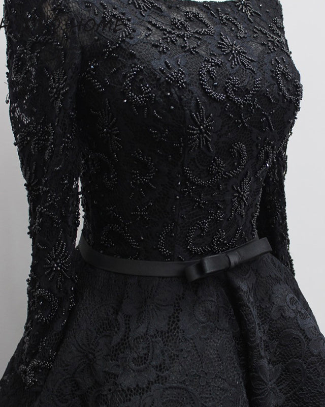 Black High Low Luxury Beading Prom Party Gown Evening Dresses with Long Sleeves