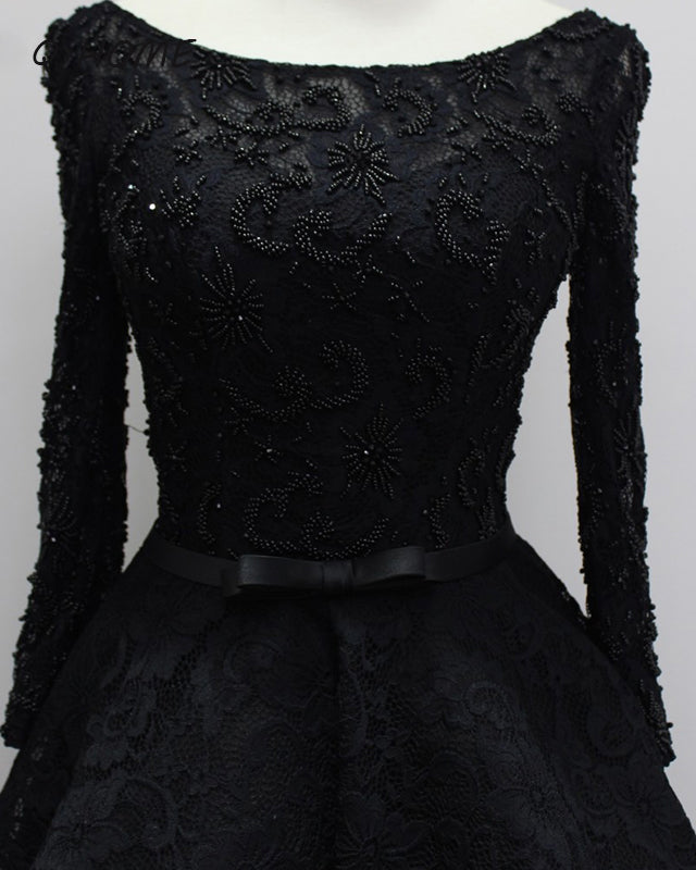 Black High Low Luxury Beading Prom Party Gown Evening Dresses with Long Sleeves