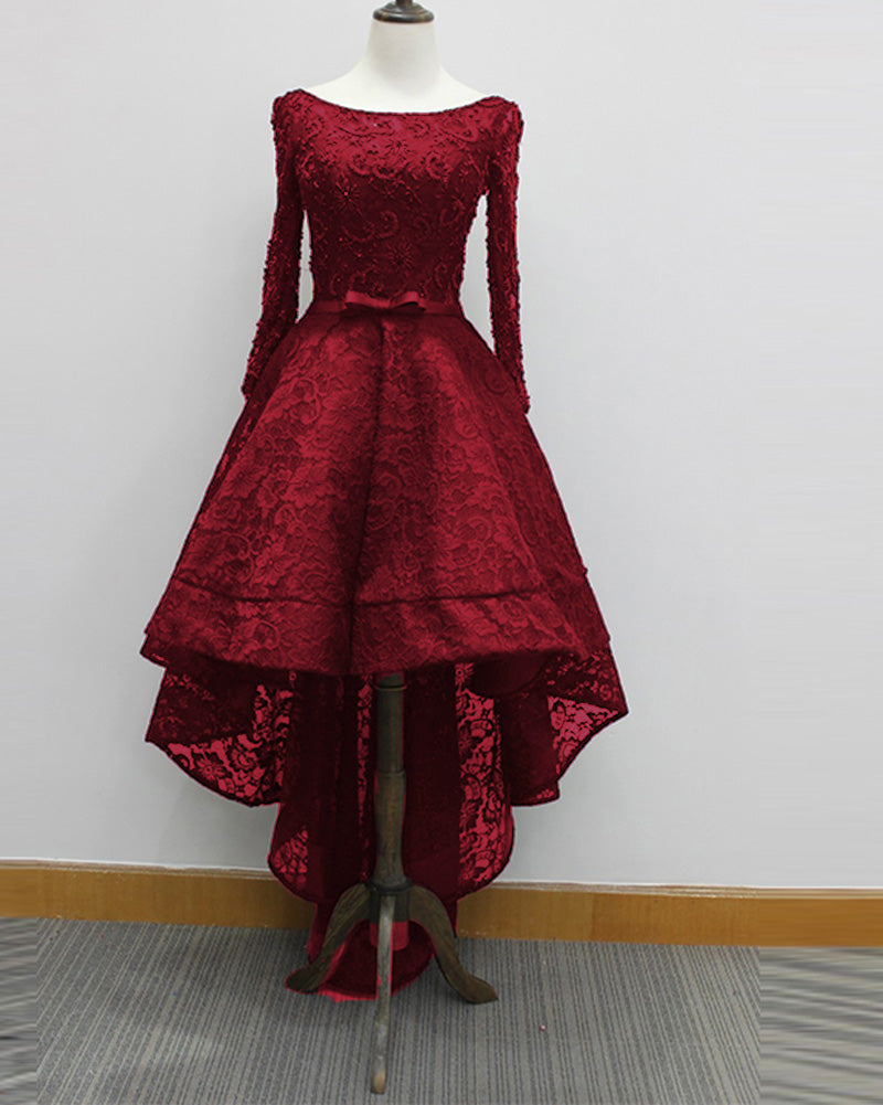 Black High Low Luxury Beading Prom Party Gown Evening Dresses with Long Sleeves