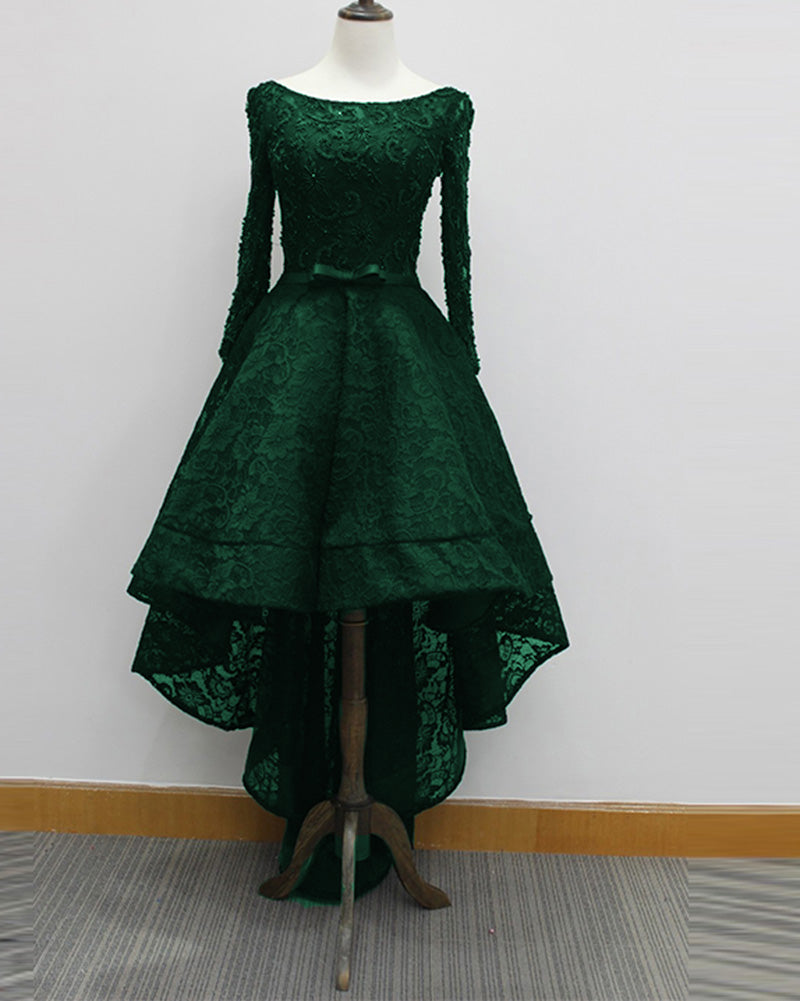 Black High Low Luxury Beading Prom Party Gown Evening Dresses with Long Sleeves