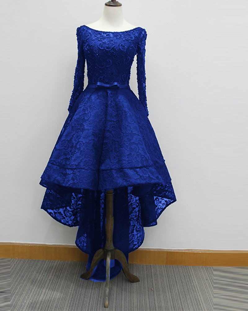 Black High Low Luxury Beading Prom Party Gown Evening Dresses with Long Sleeves