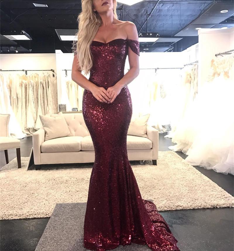 Bling Bling Sequins Burgundy Red Off the Shoulder Fitted Evening Dresses Long Prom Gown