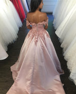 Blush Pink Ball Gown Prom Dress with Lace Flowers Women Off the Shoulder Engagement Wedding Gown
