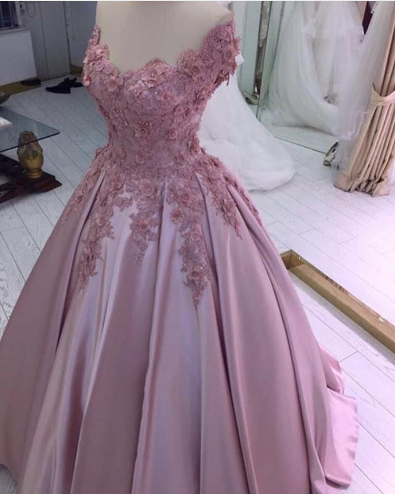 Blush Pink Ball Gown Prom Dress with Lace Flowers Women Off the Should