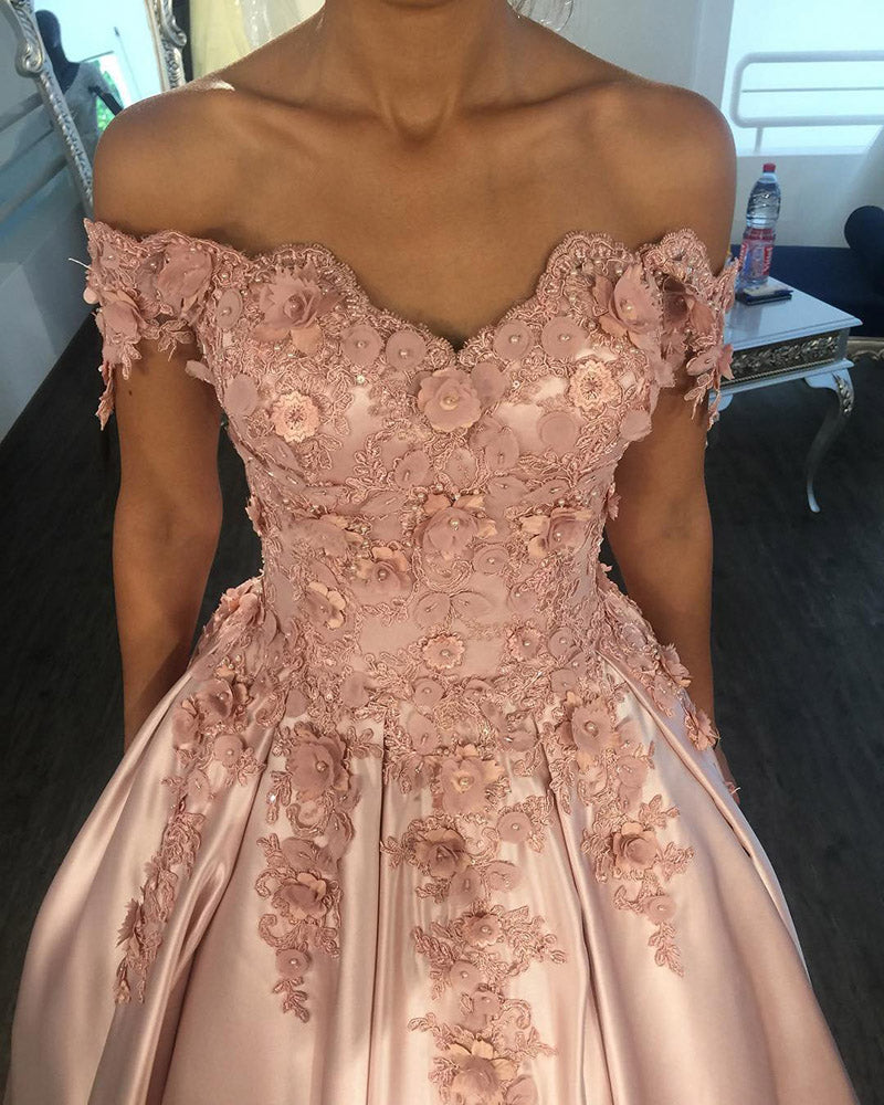 Blush Pink Ball Gown Prom Dress with Lace Flowers Women Off the Shoulder Engagement Wedding Gown