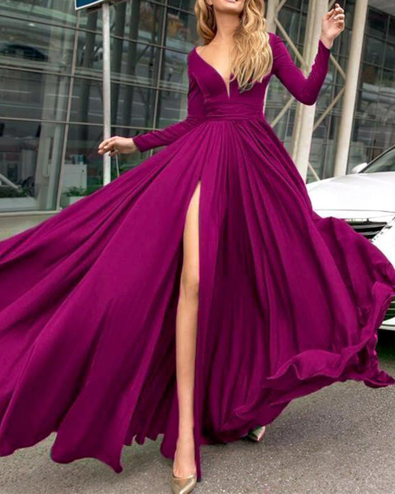 Sexy Long Sleeves Evening Party Dress with Slit Formal Gown