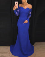 Elegant Fitted Long Sleeves Evening Gown lace Appliqued Navy Prom Dresses