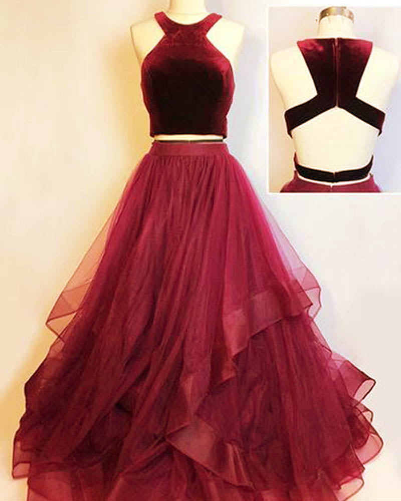 Burgundy Crop Top Prom Dress Girls Formal Party gown