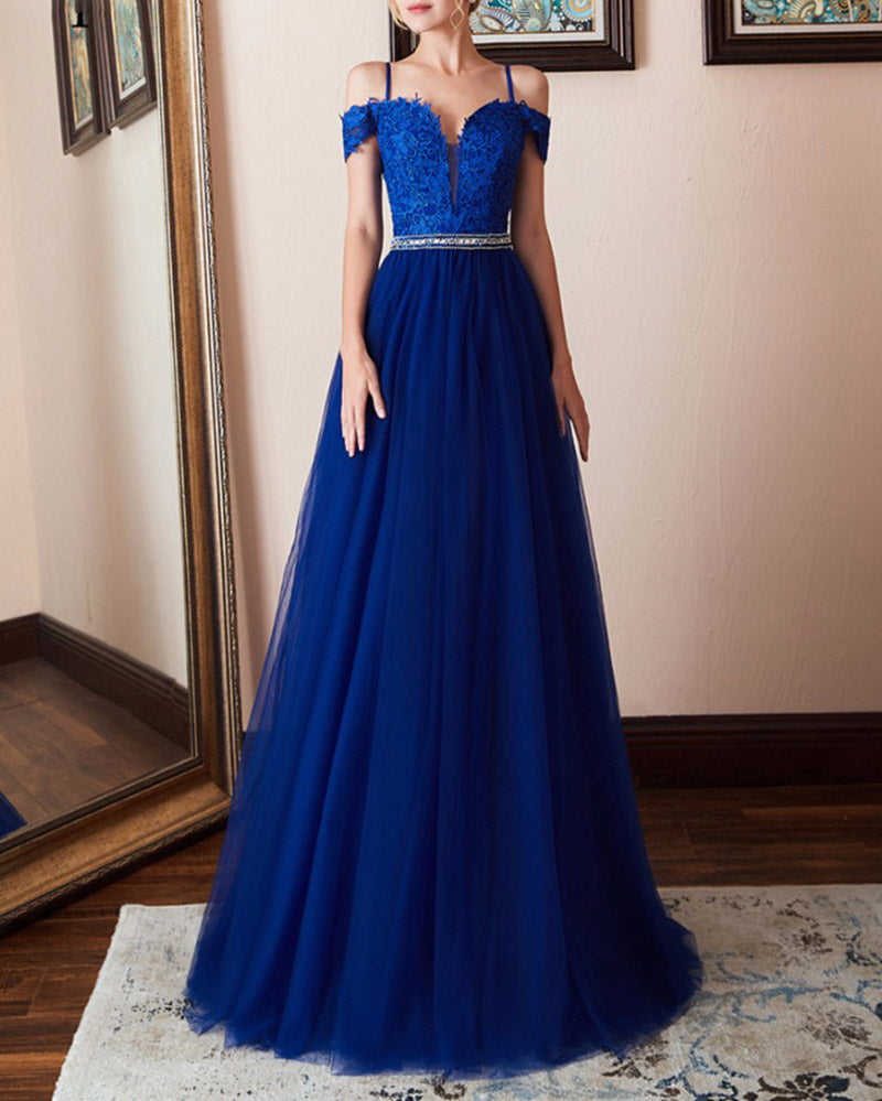 A Line Lace and Tulle Prom Dress Girls Senior Graduation Long Gown