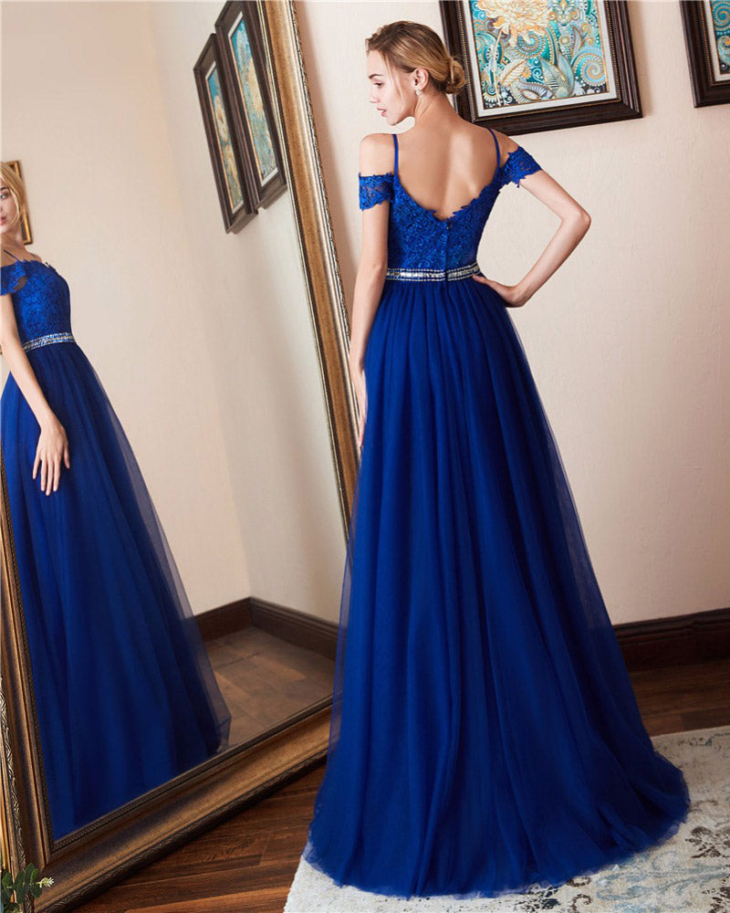 A Line Lace and Tulle Prom Dress Girls Senior Graduation Long Gown