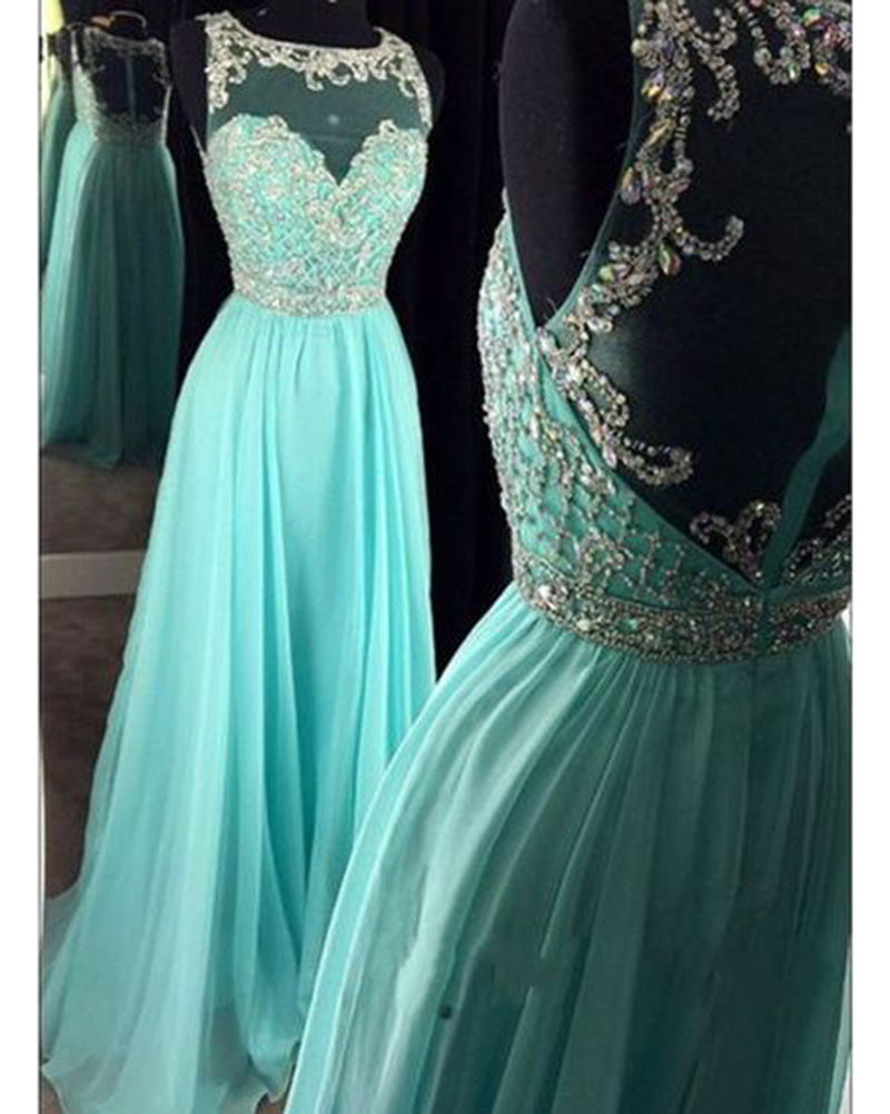 New Scoop Neck A Line Ice Blue Rhinestone Prom Dresses Long PL1103