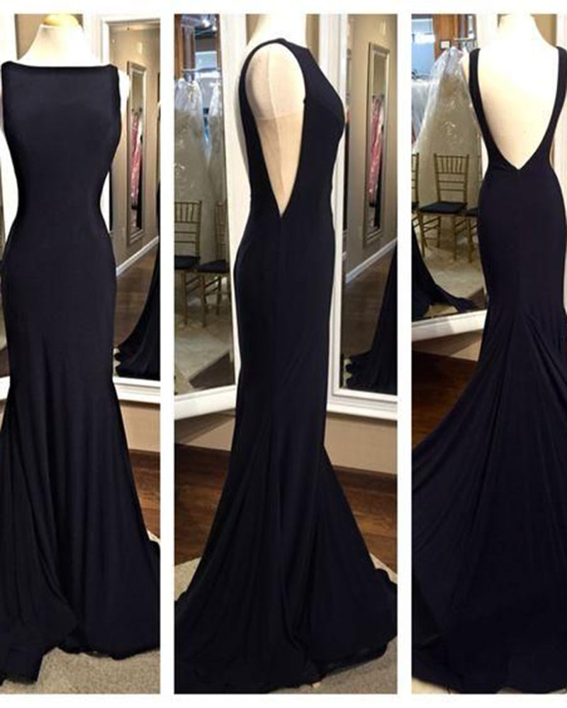 Elegant Long Backless Mermaid Fitted Black Formal Evening Dress with Sweep Train PL1101