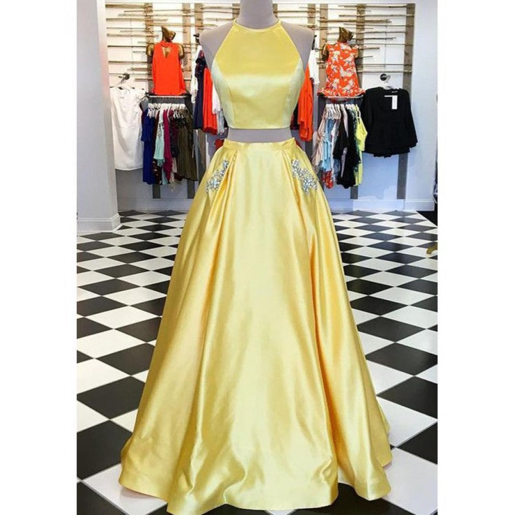 Halter Two Pieces Yellow Prom Dress Girls Long Graduation Party Gown with Beaded Pocket