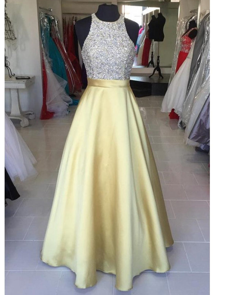 Beading Halter A Line  2024 Yellow Prom Dresses Girls Party Gown
