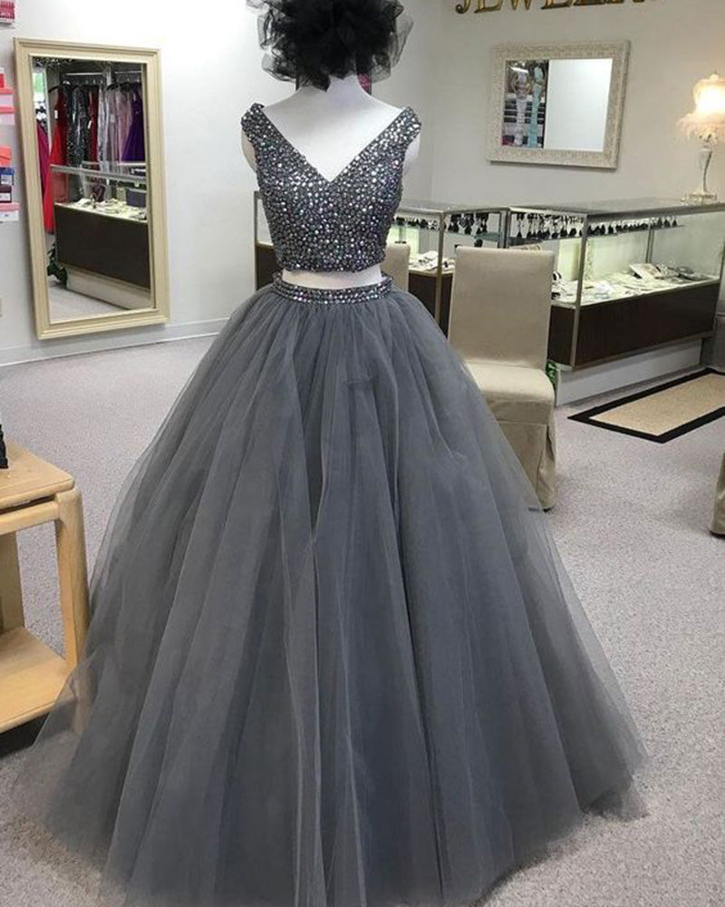 Gray Beaded V Neck Two Pieces Prom Dresses Long Tulle Formal Gown