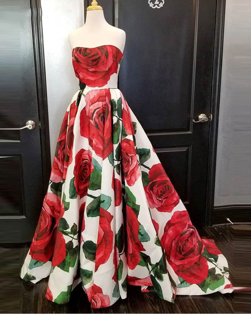 Elegant Strapless Floral Print Prom Dresses Girls Formal Wear 2019