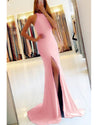 Pink Halter Prom Dresses Fitted Long Evening Party Gown