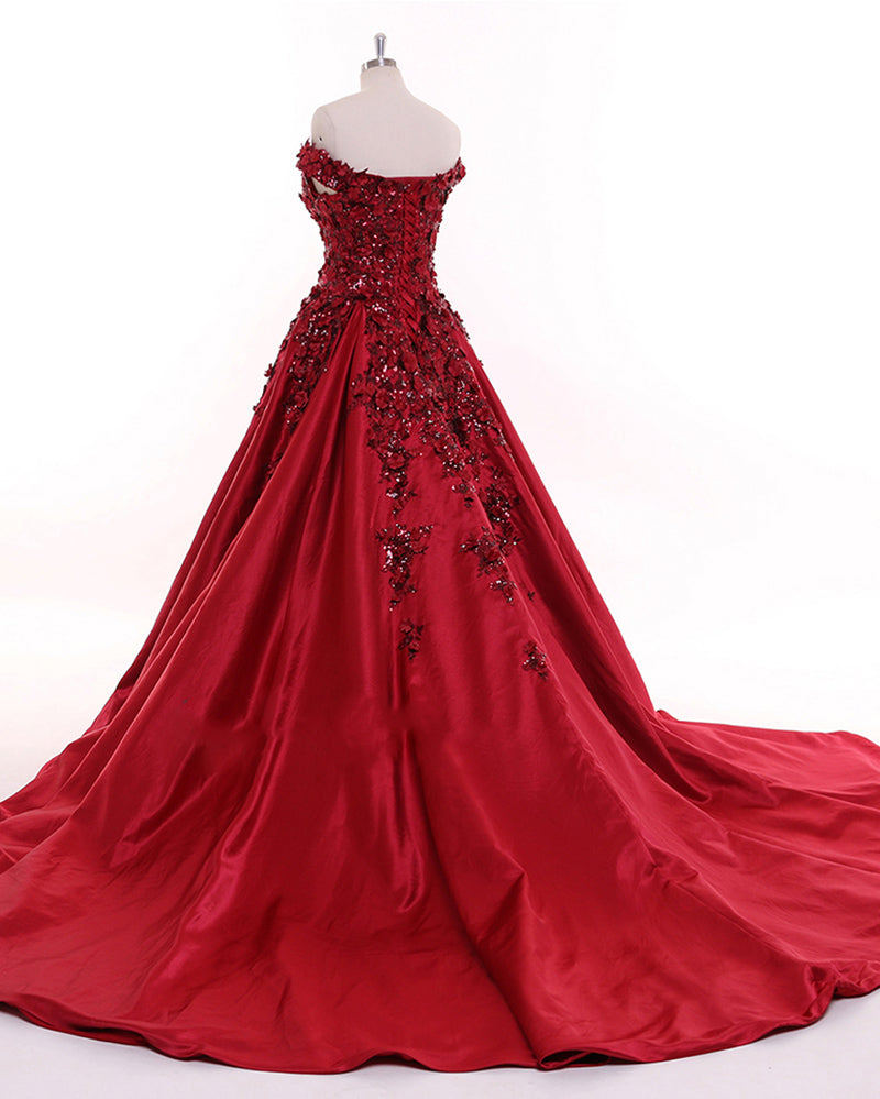 Dark Red Sequins Lace  Flowers Off the Shoulder Formal Gown Women Wedding Dresses