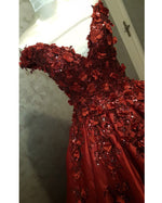 Dark Red Sequins Lace  Flowers Off the Shoulder Formal Gown Women Wedding Dresses
