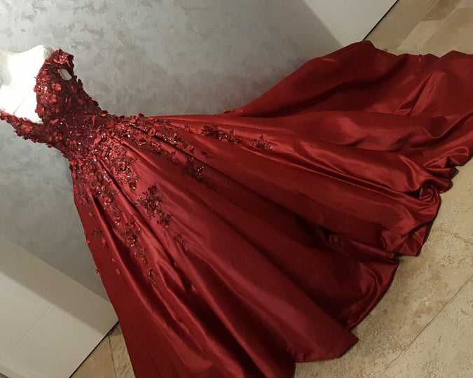 Dark Red Sequins Lace  Flowers Off the Shoulder Formal Gown Women Wedding Dresses