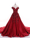 Dark Red Sequins Lace  Flowers Off the Shoulder Formal Gown Women Wedding Dresses