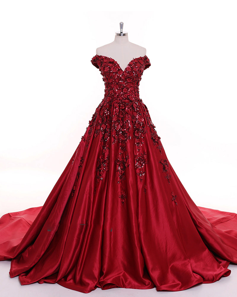 Dark Red Sequins Lace  Flowers Off the Shoulder Formal Gown Women Wedding Dresses
