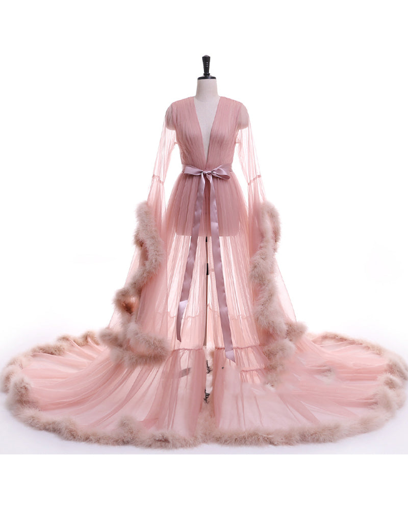 See through Robe Gown Robe De Soiree V Neck Feather Long Sleeve Tulle Party Evening Dresses