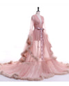 See through Robe Gown Robe De Soiree V Neck Feather Long Sleeve Tulle Party Evening Dresses