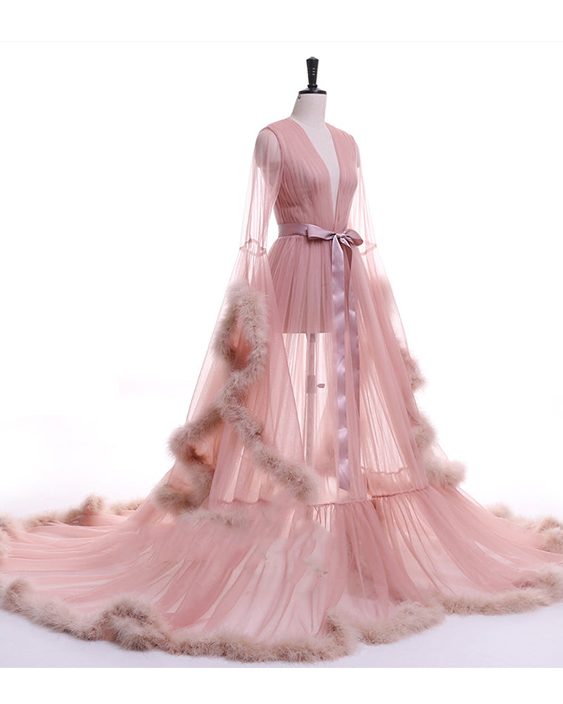 See through Robe Gown Robe De Soiree V Neck Feather Long Sleeve Tulle Party Evening Dresses