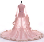See through Robe Gown Robe De Soiree V Neck Feather Long Sleeve Tulle Party Evening Dresses