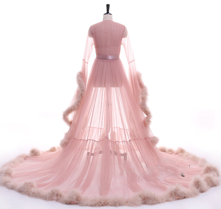 See through Robe Gown Robe De Soiree V Neck Feather Long Sleeve Tulle Party Evening Dresses