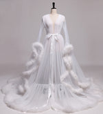 See through Robe Gown Robe De Soiree V Neck Feather Long Sleeve Tulle Party Evening Dresses