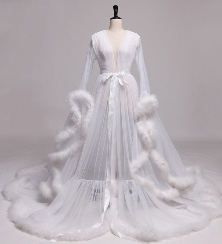 See through Robe Gown Robe De Soiree V Neck Feather Long Sleeve Tulle Party Evening Dresses