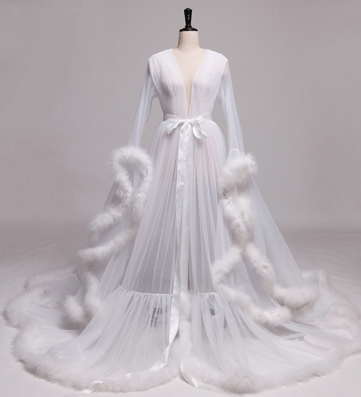Wedding Robe Gown Feather Robe De Soiree V Neck with Long Sleeve Tulle Prom Dresses
