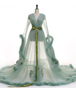 Wedding Robe Gown Feather Robe De Soiree V Neck with Long Sleeve Tulle Prom Dresses