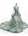 Wedding Robe Gown Feather Robe De Soiree V Neck with Long Sleeve Tulle Prom Dresses