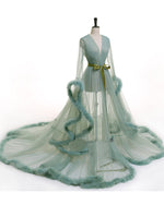 Wedding Robe Gown Feather Robe De Soiree V Neck with Long Sleeve Tulle Prom Dresses