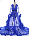 Wedding Robe Gown Feather Robe De Soiree V Neck with Long Sleeve Tulle Prom Dresses