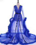 Wedding Robe Gown Feather Robe De Soiree V Neck with Long Sleeve Tulle Prom Dresses