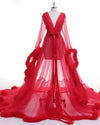 See through Robe Gown Robe De Soiree V Neck Feather Long Sleeve Tulle Party Evening Dresses