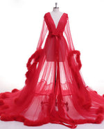See through Robe Gown Robe De Soiree V Neck Feather Long Sleeve Tulle Party Evening Dresses