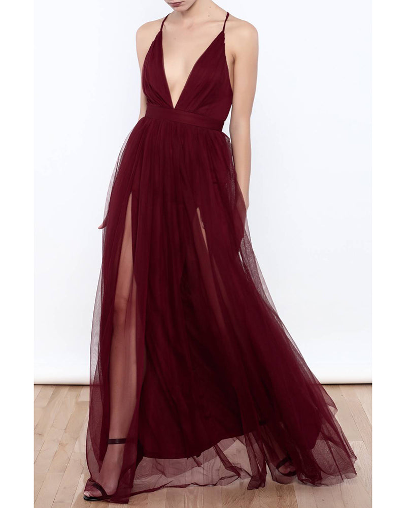 Burgundy Spaghetti Straps Sexy Long Party Gown V Neck Evening Prom Dress