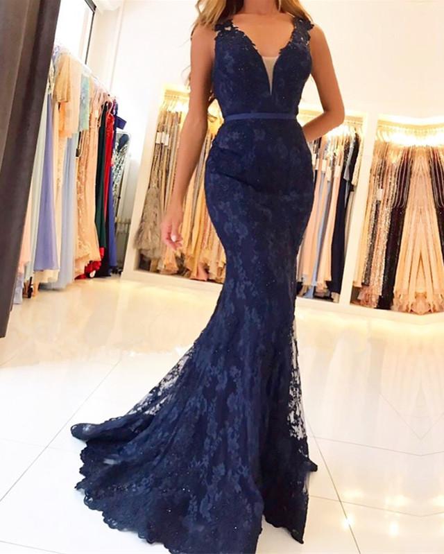 Red/navy Mermaid V Neck Lace Prom Dresses ,Long Formal Gowns PL213