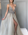 Ivory /Gray Beading Sequins Sexy Deep V Neck  Long Prom Party Dresses